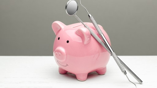 Rose Sparschwein mit Zahnarztbesteck