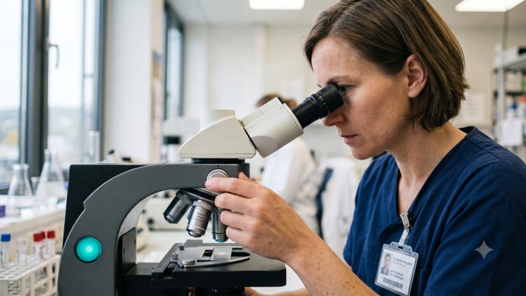 Frau analysiert Trophoblastengewebe unterm Mikroskop